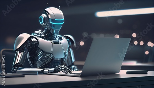 Self educating artificial intelligence. Machine learning and future concept. Robot studying, writing code and working on laptop. AI and Neural network development. Robots work instead of people. 