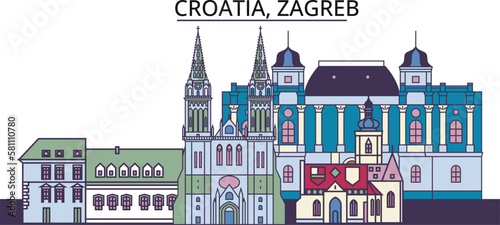 Croatia, Zagreb tourism landmarks, vector city travel illustration