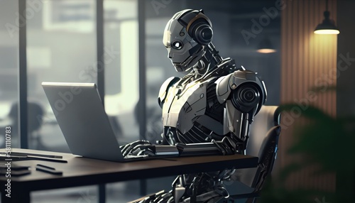 Self educating artificial intelligence. Machine learning and future concept. Robot studying, writing code and working on laptop. AI and Neural network development. Robots work instead of people. 