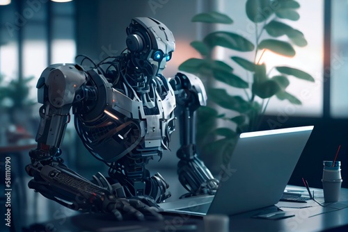 Self educating artificial intelligence. Machine learning and future concept. Robot studying, writing code and working on laptop. AI and Neural network development. Robots work instead of people. 