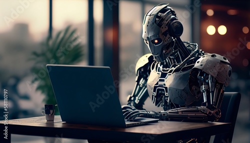 Self educating artificial intelligence. Machine learning and future concept. Robot studying, writing code and working on laptop. AI and Neural network development. Robots work instead of people.  © Ilia