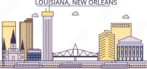 United States, New Orleans tourism landmarks, vector city travel illustration