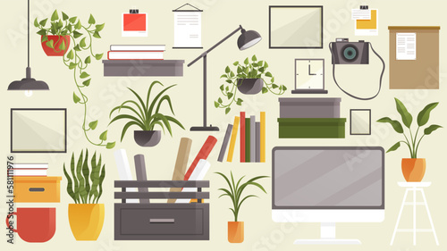 Flat modern design vector interior items set concept of creative office room interior workspace, workplace. Icon collection stylish colors business work flow items elements, things, equipment, objects