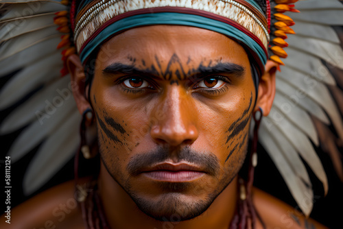 Native portrait of Americans Indian man from tribe, with painted face stern look feather headdress. Generative AI