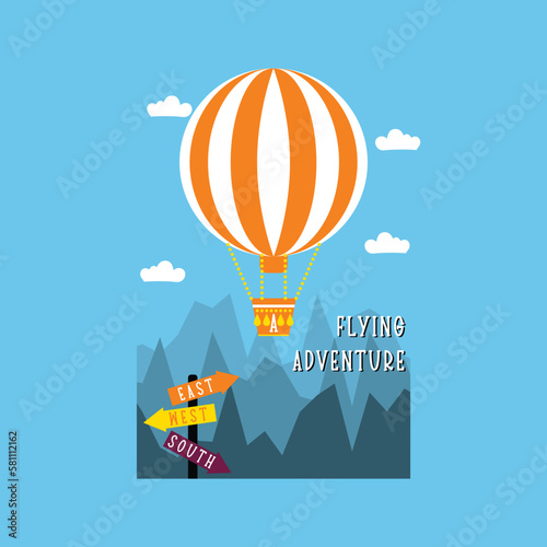 hot air ballon, flying adventure, simple design. Vector print, artwork, with design placement