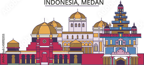 Indonesia, Medan tourism landmarks, vector city travel illustration