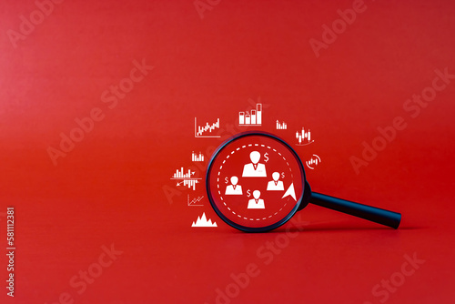 Financial investment magnifying glass, money saving bank and human resources, crm, stock data mining, appraisal center and social media concept stock trader - staff looking staff represented by icons.