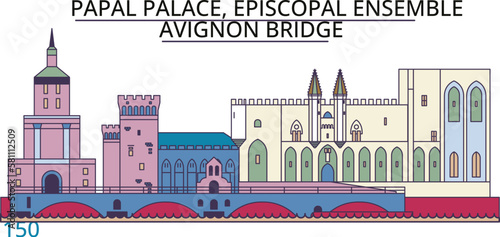 Tableau sur toile France,Papal Palace, Episcopal Ensemble Avignon Bridge tourism landmarks, vector