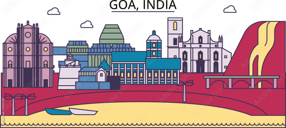 India, Goa tourism landmarks, vector city travel illustration - obrazy, fototapety, plakaty 