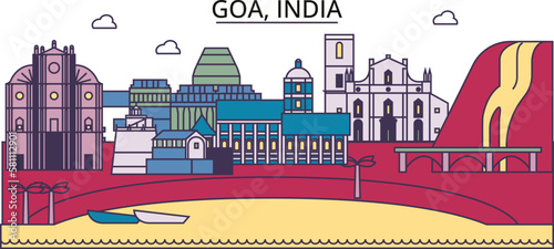 India, Goa tourism landmarks, vector city travel illustration
