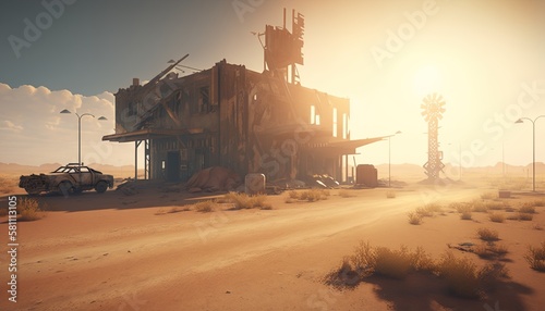 Post apocalyptic wasteland background. Generative AI.