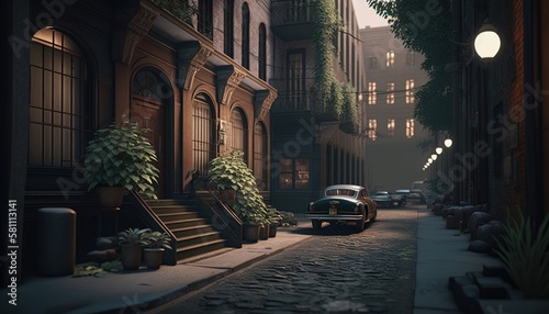 A mysterious of noir-style city alley background. Generative AI.