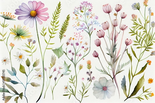 Watercolor Illustration of a Delicate Wildflowers And Herbs Pattern, Ideal For Spring Backgrounds. Generative AI