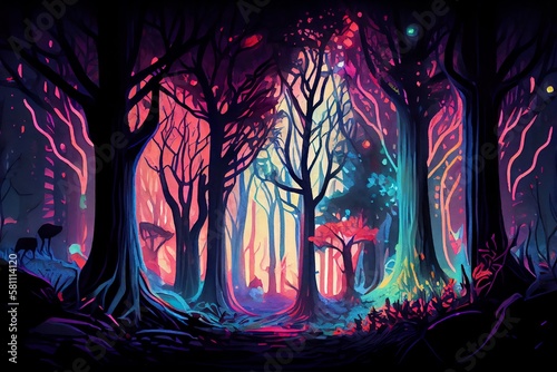 Watercolor Illustration of a Fantasy Of Neon Forest Glowing Colorful Like Fairytale.   Technology . Generative AI