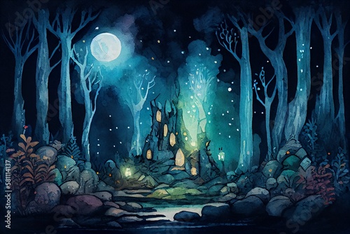 Watercolor Illustration of a Fantasy Forest At Night, Mystery Lights And Stone In Fairytale Wood. Generative AI