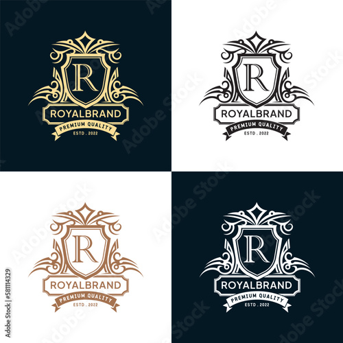 Heraldic luxury royal letter R logo.