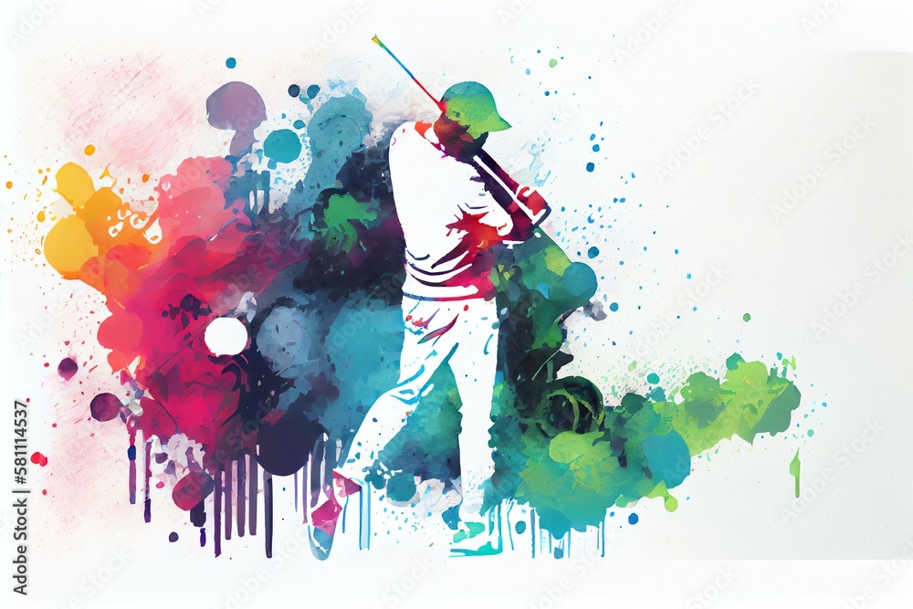 Watercolor Illustration of a Golf Sport Player Colorful Splash Horizontal Banner On White Background Copy Space. Illustration. Generative AI
