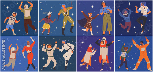 Animators at birthday party in cosmic style. Theme party in costumes. People in costumes have fun at space party. Characters in self made outfits surrounded by cosmic bodies and celestial objects