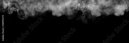 Panorama of steam, smoke, gas isolated on a black background. Swirling, writhing smoke to overlay