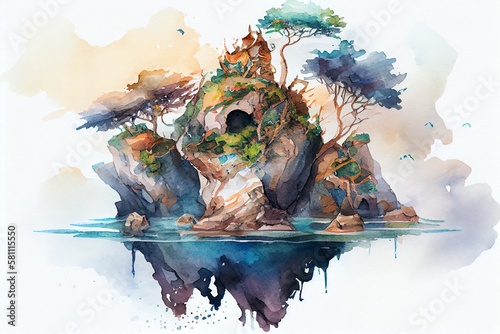 Watercolor Illustration of a Isolate Island Of A Fantasy World. Generative AI