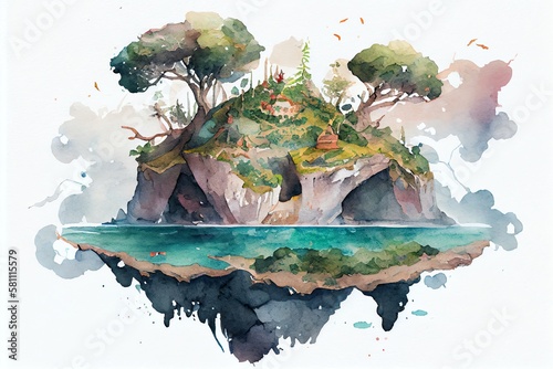 Watercolor Illustration of a Isolate Island Of A Fantasy World. Generative AI © Pixel Matrix