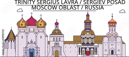 Russia, Sergiev Posad tourism landmarks, vector city travel illustration