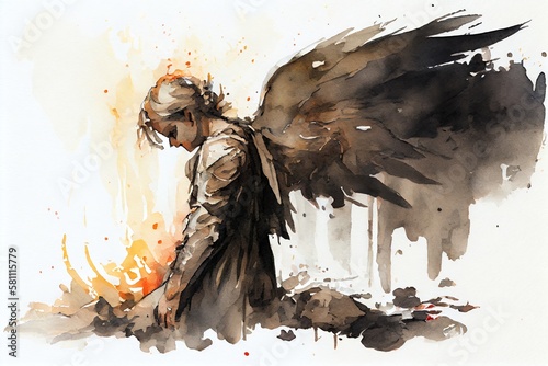 Watercolor Illustration of a Little Burnt Fallen Angel, An Angel Who Was Expelled From Heaven. A Fallen Angel Who Fell From Grace. Generative AI photo