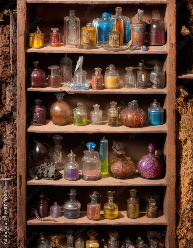 An alchemists shelf with various colorful potions generative AI