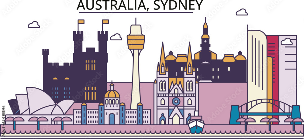 Australia, Sydney tourism landmarks, vector city travel illustration