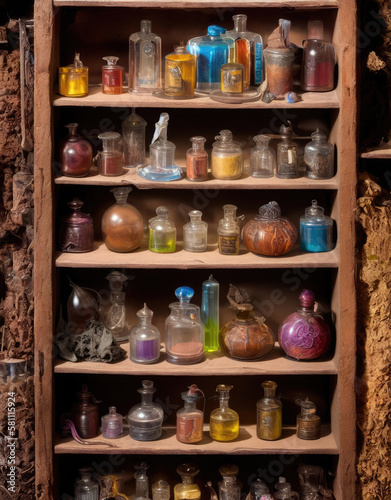An alchemists shelf with various colorful potions generative AI