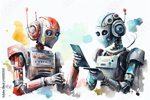 Watercolor Illustration of a Modern Robots, Online Communication, Artificial Intelligence Concept. Generative AI © Pixel Matrix