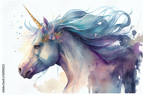 Watercolor Illustration of a Portrait Of A Cute Beautiful Unicorn, Fantasy Background, Illustration. Generative AI