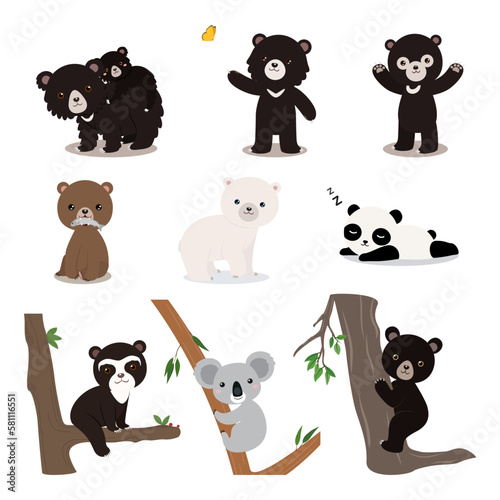 set of bears in different poses colored flat vector illustration isolated. sloth bear and cub, asiatic black bear, malayan sun bear, grizzly bear, polar, panda, spectacled, koala and american black be