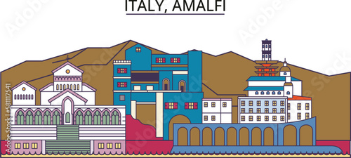 Italy, Amalfi tourism landmarks, vector city travel illustration