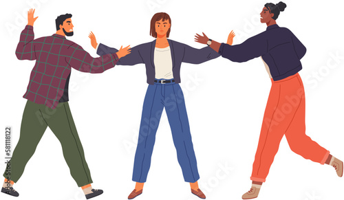 Man and woman characters quarreling, arguing in anger and disagreement, dispute of husband and wife isolated on white. Conflicting friends. Angry quarrel of couple people, stress family problem