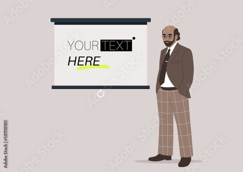 A middle age professor standing next to a screen template, your text here