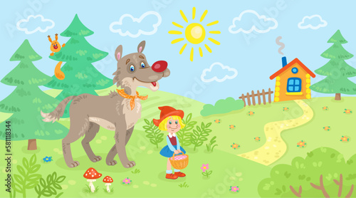 Little Red Riding Hood and a big gray wolf in a forest glade among trees and flowers. Heroes of a fairy tale. Summer landscape. In cartoon style. Vector flat illustration.