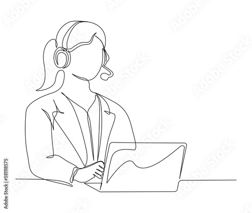 Continuous one line drawing of young woman sitting in front of a computer with a headset. simple woman as customer serive outline vector illustration. photo