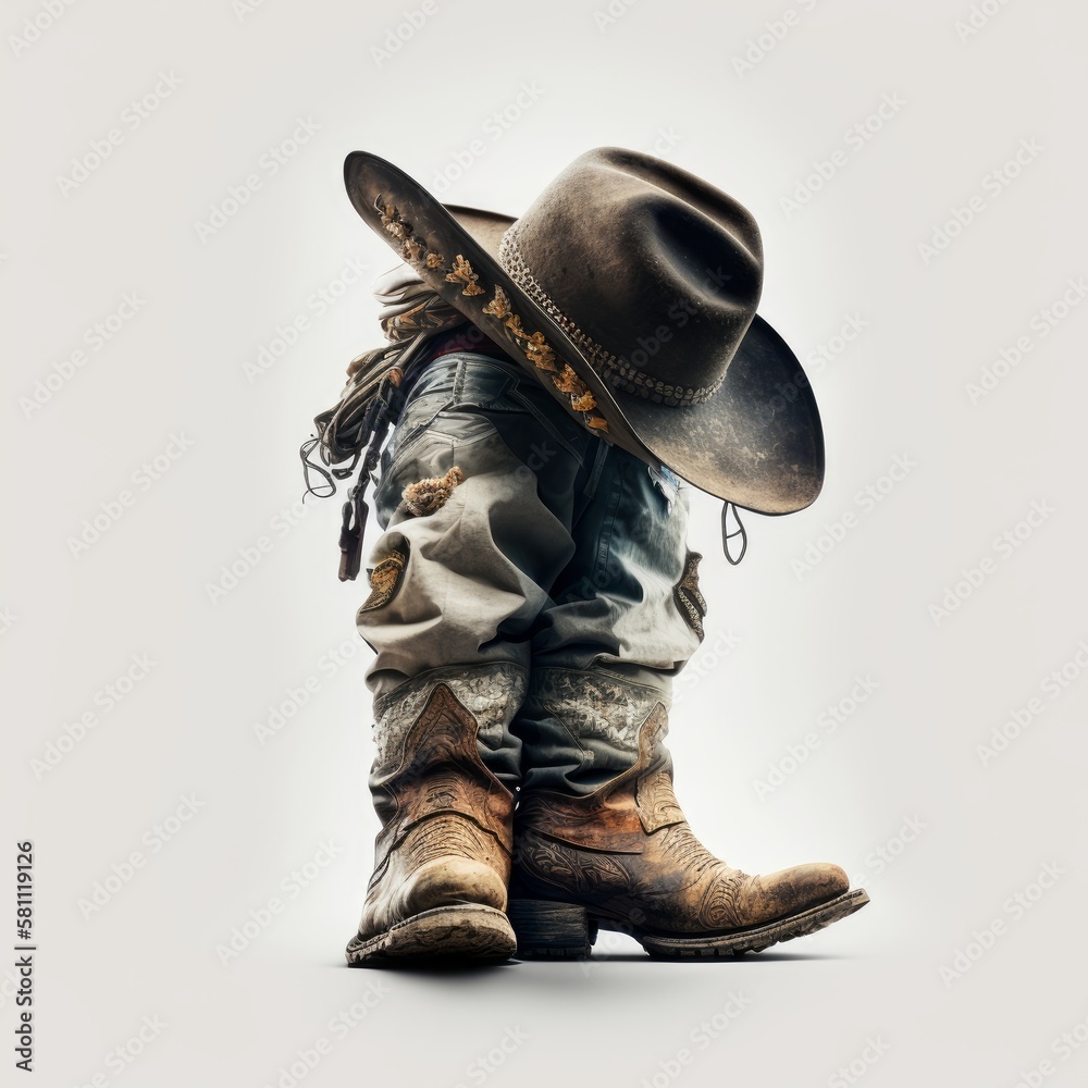 Unveiling the Details: 8K Cinematic Shot of a Distinctive Cowboy with Leather Boots & a Brown Hat on a White Background by Marcin Nagraba & Rebecca Millen , Generative ai - obrazy, fototapety, plakaty 