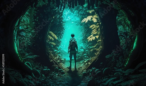  a man standing in a tunnel in the middle of a forest filled with green plants and trees  looking at the light at the end of the tunnel.  generative ai