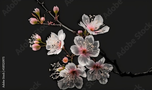  a branch of a tree with white and pink flowers and buds on a black background with a black border around the branch and the center of the branch. generative ai