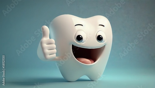 3D realistic happy white tooth, Tooth cartoon characters with thumbs up on the bright background, Cleaning, and whitening teeth concept. Generative AI.