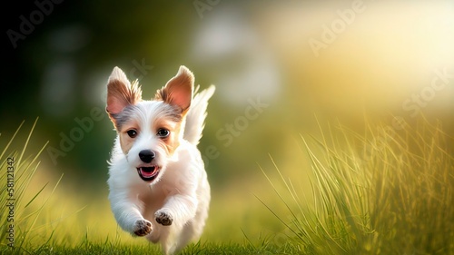 Active happy pet dog puppy running in the grass in summer, web banner with copy space. Generative AI.