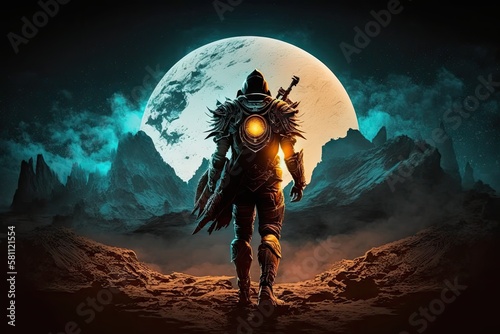 Fotografija guardian warrior with mask stands on dark planet and protects human race, create