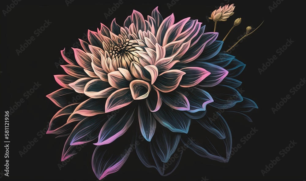  a large flower with pink and blue petals on a black background, with a single flower in the center of the flower, and a single flower in the center of the middle of the flower.  generative ai