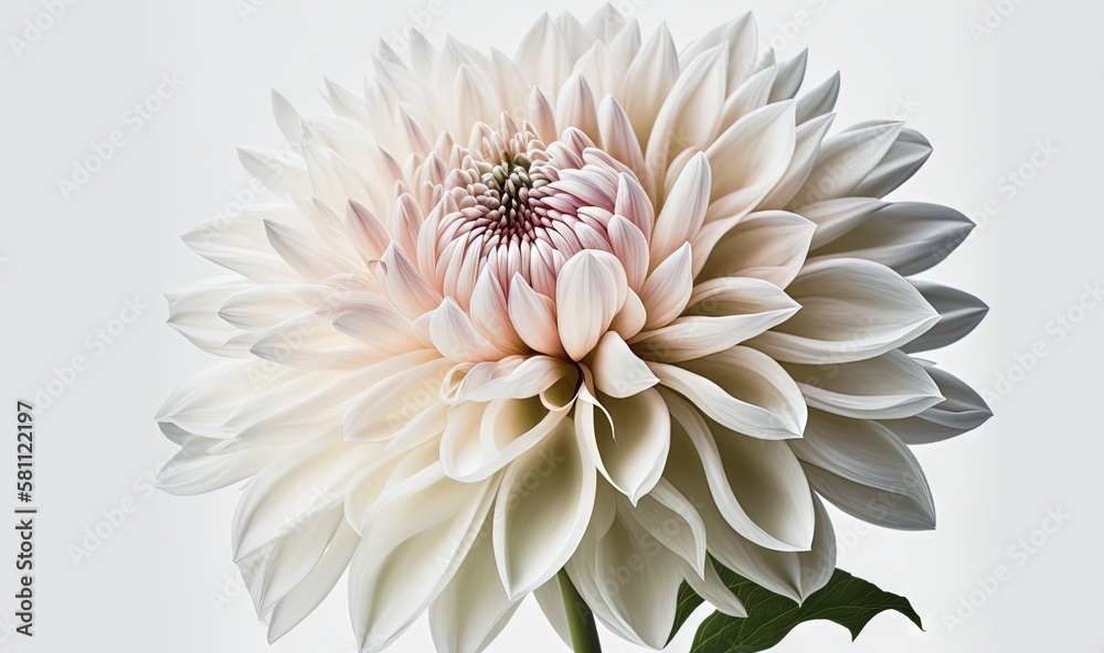 a large white flower with green leaves on a white background with a white background and a white background with a white flower with green leaves.  generative ai