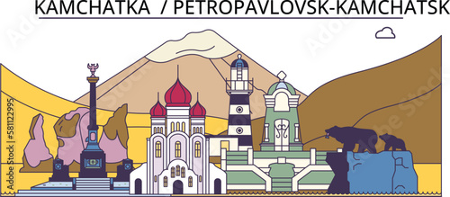 Russia, Petropavlovsk Kamchatsk tourism landmarks, vector city travel illustration