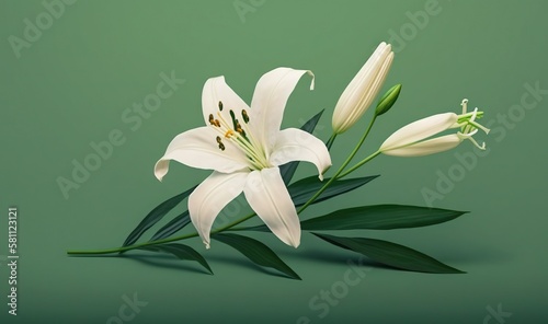  a white flower with green leaves on a green background with a green background and a white flower with green leaves on a green background with a green background. generative ai