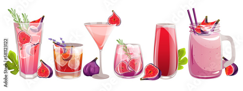 A set of cocktails with figs.Smoothies with fig slices, lemonade, juice, martini with figs, whiskey.Vector illustration.