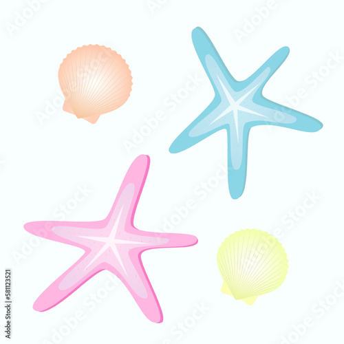 Sea stars and seashells. Isolated vector illustration.